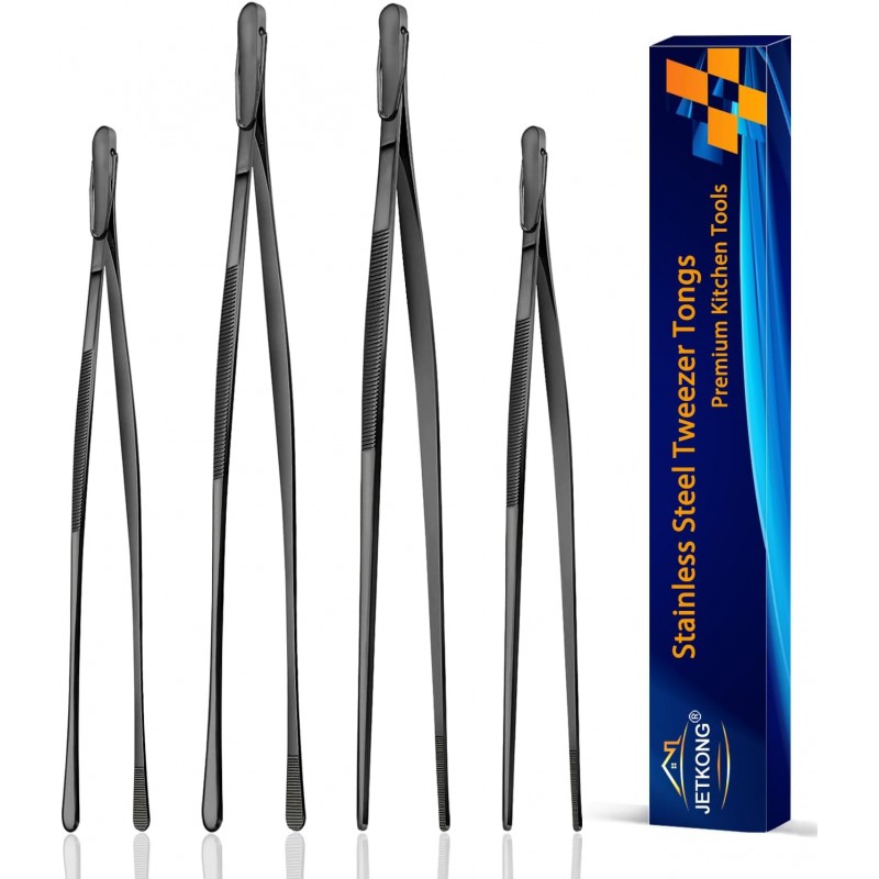 JETKONG 4 Pcs Kitchen Tweezers, 12'' and 10'' Stainless Steel Cooking Tweezers Set, High-Precision Tweezers Tongs for Cooking, Repairing, Seafood and BBQ (Black)