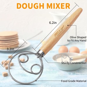 ALLTOP Danish Dough Whisk - Ultimate Dutch Mixer Hand Utensil with Stainless Steel Dough Hook - Essential Sourdough Stirring Stick for Perfect Bread Making Tool