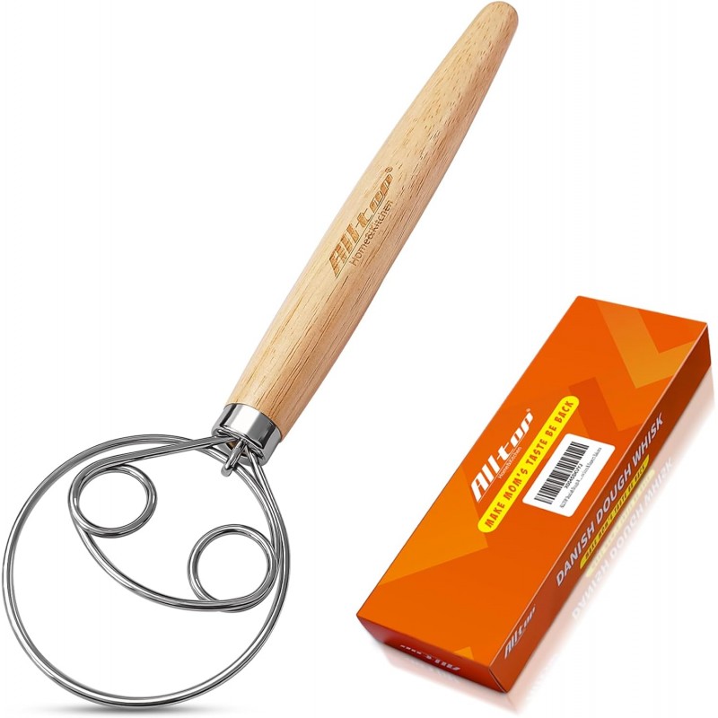 ALLTOP Danish Dough Whisk - Ultimate Dutch Mixer Hand Utensil with Stainless Steel Dough Hook - Essential Sourdough Stirring Stick for Perfect Bread Making Tool