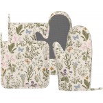Vintage Wildflower Herbs Floral Rustic Butterfly Oven Mitts and Pot Holders Sets Silicone Kitchen Mitts Potholders Heat Resistant 4Pcs Oven Gloves Hot Pads for Kitchen Baking Cooking