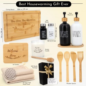 House Warming Gifts New Home – Home Essentials for New Home Gift Set Includes Scented Candle, Bamboo Cutting Board, Soap Set, Towels, Salt and Pepper Shaker – Luxury New House Must Haves