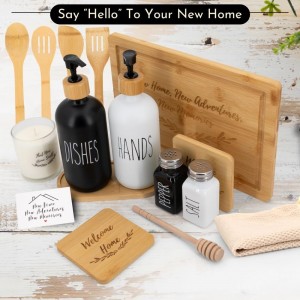 House Warming Gifts New Home – Home Essentials for New Home Gift Set Includes Scented Candle, Bamboo Cutting Board, Soap Set, Towels, Salt and Pepper Shaker – Luxury New House Must Haves