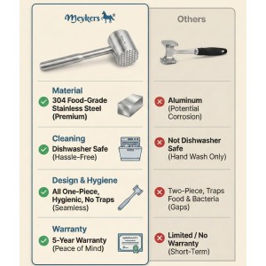 Meykers Meat Tenderizer Mallet | Dishwasher Safe | All 304 Stainless Steel | Perfect Weight | Meat Hammer Pounder Flattner Beater | for Steak Beef Chicken Pork | Kitchen Tool for Cooking