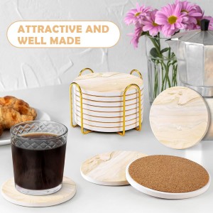 GOH DODD Coasters for Drinks Set of 4, Absorbent Marble Style Ceramic Coaster Cup Coasters Tabletop Protection Home Decor with Metal Holder for Housewarming Gifts Wedding Party, Gold, Round, 4 Inch