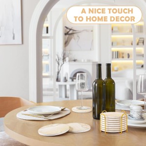 GOH DODD Coasters for Drinks Set of 4, Absorbent Marble Style Ceramic Coaster Cup Coasters Tabletop Protection Home Decor with Metal Holder for Housewarming Gifts Wedding Party, Gold, Round, 4 Inch