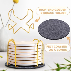 GOH DODD Coasters for Drinks Set of 4, Absorbent Marble Style Ceramic Coaster Cup Coasters Tabletop Protection Home Decor with Metal Holder for Housewarming Gifts Wedding Party, Gold, Round, 4 Inch