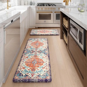 KIMODE Anti Fatigue Kitchen Mat, Boho Vintage Kitchen Rugs Sets of 2, Cushioned Non-Slip Kitchen Mats for Floor, Comfort Kitchen Floor Mats for Sink, Laundry, Desk Orange/Purple,17