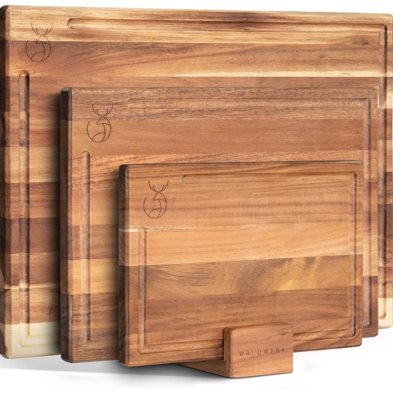 WALDWERK Cutting Board Set (15.75 x 12/13 x 9.5/10 x 7 in) out of Solid Acacia Wood - 0,8 in Thick Cutting Boards for Kitchen - Wood Cutting Boards - Wooden Chopping Boards for Kitchen