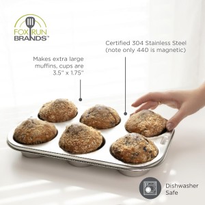 Fox Run Stainless Steel Extra Large Muffin and Cupcake Pan, 6 Cup