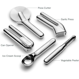 Caraway Kitchen Gadget Set - 5 Piece Kitchen Essentials - Stainless Steel - Includes Can Opener, Pizza Cutter, Garlic Press, Ice Cream Scoop, Vegetable Peeler, and Storage Organizer