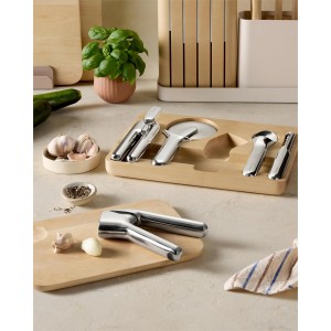 Caraway Kitchen Gadget Set - 5 Piece Kitchen Essentials - Stainless Steel - Includes Can Opener, Pizza Cutter, Garlic Press, Ice Cream Scoop, Vegetable Peeler, and Storage Organizer