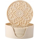 Colinda Silicone Coasters - Set of 6 with Holder, Non-Slip Cup Mats for Hot and Cold Drinks, Decorative Designs, Gift Ready Packaging,Beige