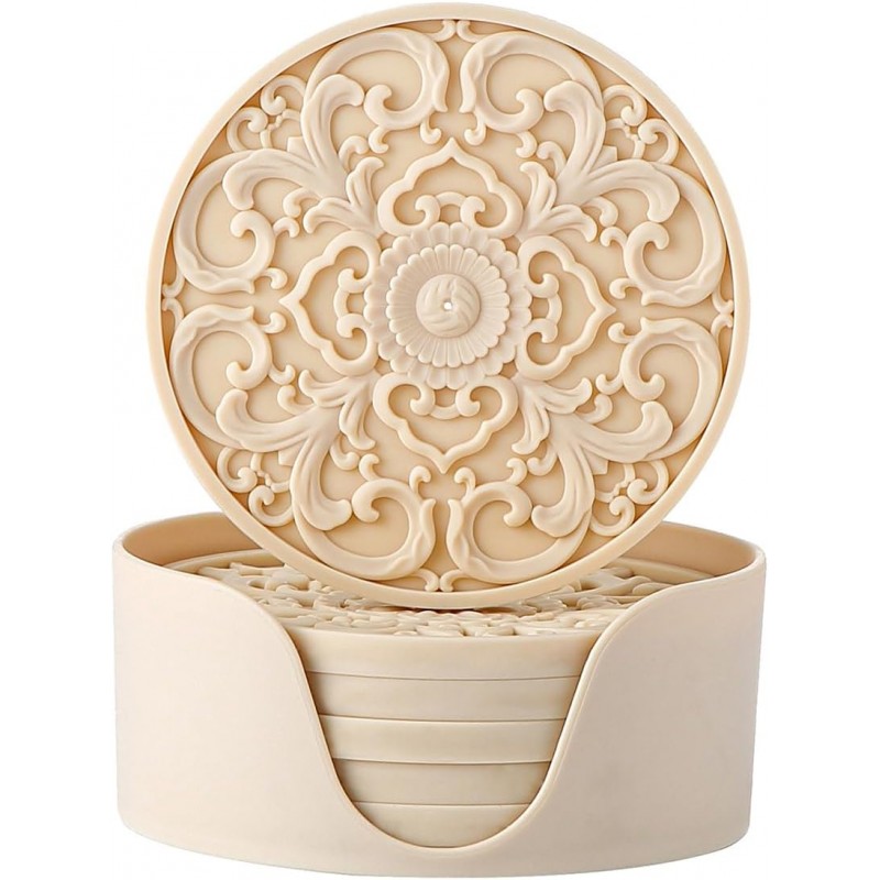 Colinda Silicone Coasters - Set of 6 with Holder, Non-Slip Cup Mats for Hot and Cold Drinks, Decorative Designs, Gift Ready Packaging,Beige