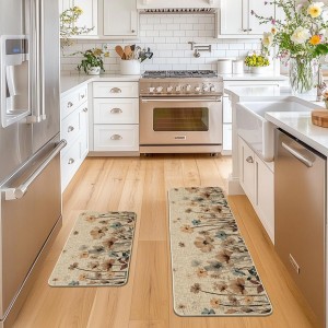Artoid Mode Brown Poppy Floral Leaves Spring Kitchen Mats Set of 2, Spring Home Decor Low-Profile Kitchen Rugs for Floor - 17x29 and 17x47 Inch