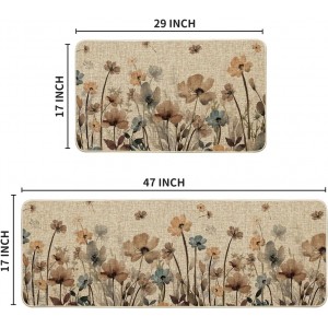 Artoid Mode Brown Poppy Floral Leaves Spring Kitchen Mats Set of 2, Spring Home Decor Low-Profile Kitchen Rugs for Floor - 17x29 and 17x47 Inch