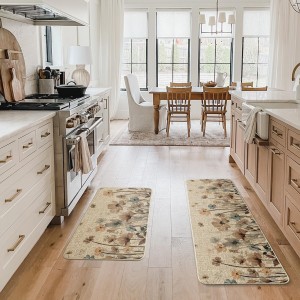 Artoid Mode Brown Poppy Floral Leaves Spring Kitchen Mats Set of 2, Spring Home Decor Low-Profile Kitchen Rugs for Floor - 17x29 and 17x47 Inch