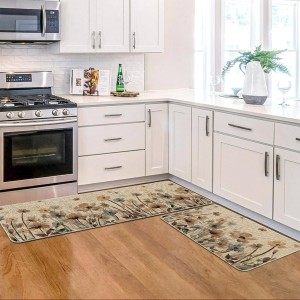 Artoid Mode Brown Poppy Floral Leaves Spring Kitchen Mats Set of 2, Spring Home Decor Low-Profile Kitchen Rugs for Floor - 17x29 and 17x47 Inch