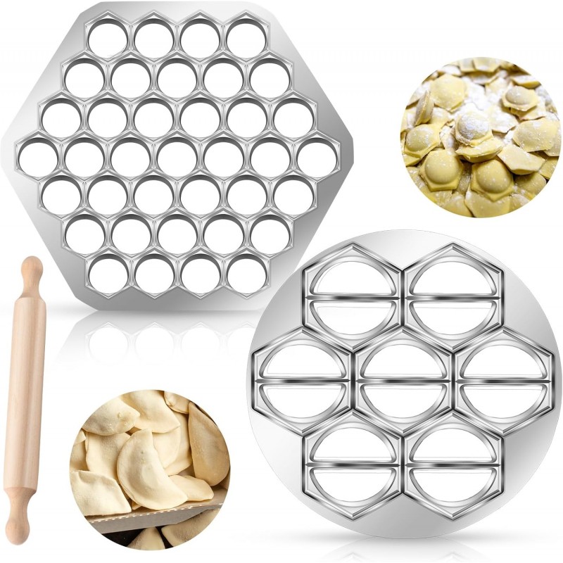 Vesici 3 Pcs Ravioli Maker Dumplings Set 37 Holes Ravioli and 12 Holes Ravioli Maker Press Dumplings with Wood Rolling Pin Metal Ravioli Cutter Kit for Ravioli Pasta Making Tools
