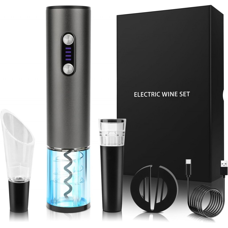 Electric Wine Opener Wine Gifts Bottle Openers Kit with Foil Cutter, Wine Aerator Pourer, Vacuum Stopper USB C Rechargeable Cordless Electric Wine Corkscrew Gift Set