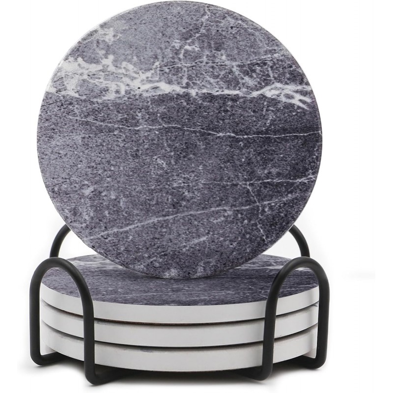 LIFVER Drinks Coasters Set of 4, Living Room Decor, Ceramic Absorbent Coasters with Cork Base, Protect Wooden Table or Furniture from Scratched, Drink Coasters with Holder - Grey