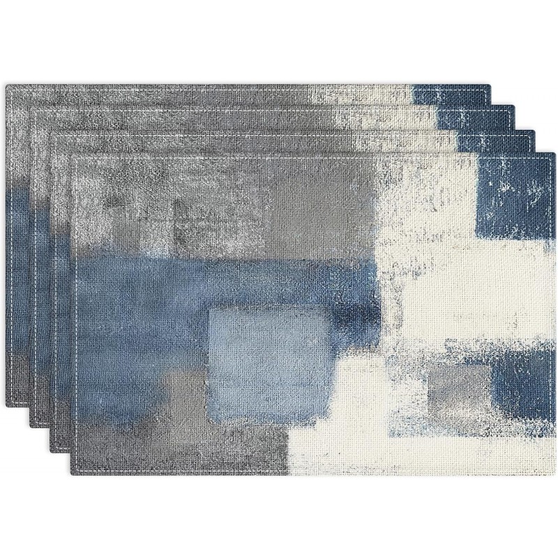 Emvency Farmhouse Placemats Set of 4, Vintage Blue and Grey Abstract Art Painting 12x18 Inch Table Mats for Outdoor Home Party Kitchen Dining Decoration