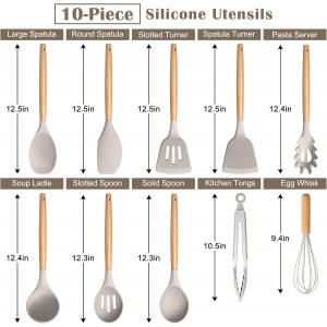 E-far Silicone Cooking Utensils Set, 10-Piece Heat Resistant Kitchen Utensils Set with Wooden Handle for Nonstick Cookware, Kitchen Nonstick Tools Spatula Whisk Tongs Ladle, Non-toxic & Healthy(Khaki)