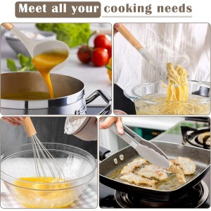 E-far Silicone Cooking Utensils Set, 10-Piece Heat Resistant Kitchen Utensils Set with Wooden Handle for Nonstick Cookware, Kitchen Nonstick Tools Spatula Whisk Tongs Ladle, Non-toxic & Healthy(Khaki)