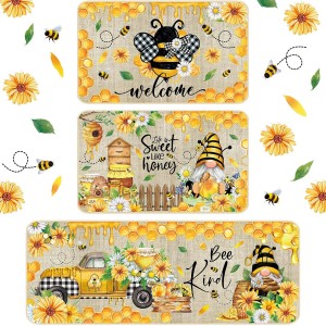 Timgle 3 Pcs Bee Kitchen Rugs Gnomes Rug Retro Style Non Slip Kitchen Print Floor Mat Washable Floor Comfortable Mat for Home Office Sink 17 x 29 Inch 17 x 47 Inch