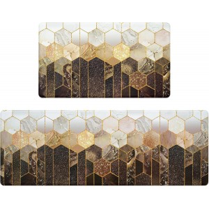 Likiyol Kitchen Rugs Set of 2 Marble Kitchen Mats for Floor Anti Fatigue Mats for Kitchen Floor, Brown Gold Ombre Kitchen Rugs Non Slip Washable Comfort Kitchen Floor Mat, 18'' x 30'' + 18'' x 48''