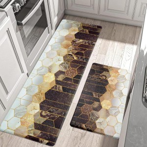 Likiyol Kitchen Rugs Set of 2 Marble Kitchen Mats for Floor Anti Fatigue Mats for Kitchen Floor, Brown Gold Ombre Kitchen Rugs Non Slip Washable Comfort Kitchen Floor Mat, 18'' x 30'' + 18'' x 48''