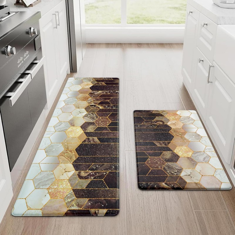 Likiyol Kitchen Rugs Set of 2 Marble Kitchen Mats for Floor Anti Fatigue Mats for Kitchen Floor, Brown Gold Ombre Kitchen Rugs Non Slip Washable Comfort Kitchen Floor Mat, 18'' x 30'' + 18'' x 48''