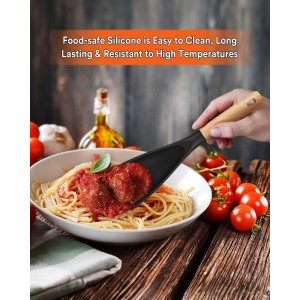 Cooking Spoon for Nonstick Cookwares, Great for Cooking and Serving Sturdy BPA-Free Matte Silicone, Wood Handle Spoon for Mixing, Scoop, and Scrape (Black & Grey, 11.4 inch)