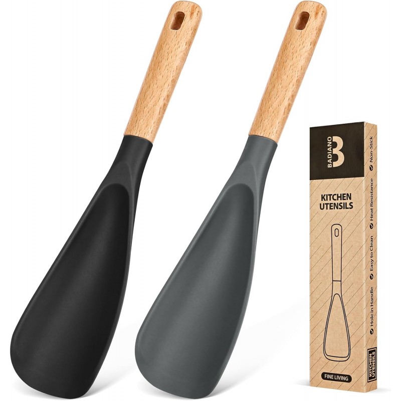 Cooking Spoon for Nonstick Cookwares, Great for Cooking and Serving Sturdy BPA-Free Matte Silicone, Wood Handle Spoon for Mixing, Scoop, and Scrape (Black & Grey, 11.4 inch)