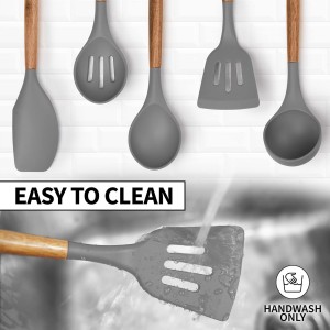 Zulay Kitchen Utensils Set Non-Stick Silicone Cooking Utensils Set with Authentic Acacia Wood Handles - 5 Piece Silicone Utensil Set - Kitchen Utensils Set with 464°F Heat Resistance - Gray