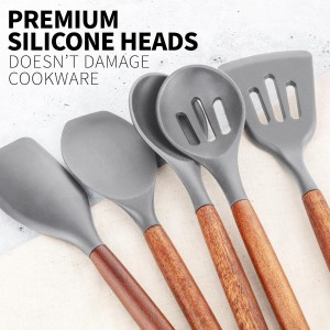 Zulay Kitchen Utensils Set Non-Stick Silicone Cooking Utensils Set with Authentic Acacia Wood Handles - 5 Piece Silicone Utensil Set - Kitchen Utensils Set with 464°F Heat Resistance - Gray