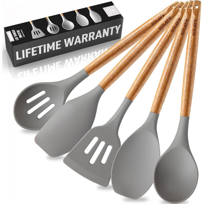 Zulay Kitchen Utensils Set Non-Stick Silicone Cooking Utensils Set with Authentic Acacia Wood Handles - 5 Piece Silicone Utensil Set - Kitchen Utensils Set with 464°F Heat Resistance - Gray