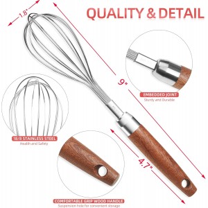 Stainless Steel Wire Whisk for Cooking- Wooden Handle Kitchen Multi Function Non Stick Balloon Whisk Egg Beater for Blending Whisking Beating Frothing Stirring Batters (9