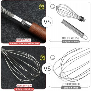 Stainless Steel Wire Whisk for Cooking- Wooden Handle Kitchen Multi Function Non Stick Balloon Whisk Egg Beater for Blending Whisking Beating Frothing Stirring Batters (9