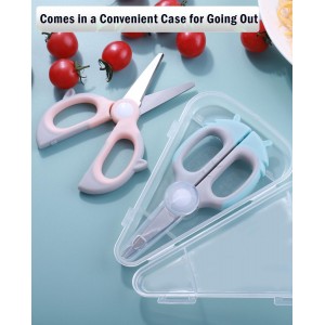 Baby Food Scissors Kicthen Shears - Healthy Portable Cute Kitchen Scissors with Dust Cover and Storage Travel Case - Ideal for Cutting Meat, Chicken, Vegetables, Fruits(Bee Blue+Panda Pink)