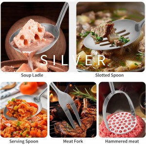 304 Stainlss Steel Kitchen Utensils Set, 12 Pcs Long Metal Cooking Utensil Gadgets Tools Set with Spatula, Ladle, Spoon, Ladle, Skimmer, Tunner, Pasta Server, Tongs(Silver, Dishwasher Safe)