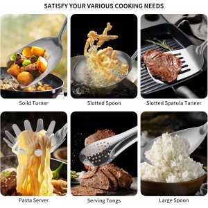 304 Stainlss Steel Kitchen Utensils Set, 12 Pcs Long Metal Cooking Utensil Gadgets Tools Set with Spatula, Ladle, Spoon, Ladle, Skimmer, Tunner, Pasta Server, Tongs(Silver, Dishwasher Safe)