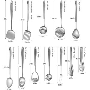 304 Stainlss Steel Kitchen Utensils Set, 12 Pcs Long Metal Cooking Utensil Gadgets Tools Set with Spatula, Ladle, Spoon, Ladle, Skimmer, Tunner, Pasta Server, Tongs(Silver, Dishwasher Safe)