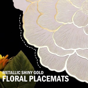 FAVE 6PCS Floral Round Placemats Golden Placemats Vinyl Placemats Set of 6 for Dining Table Reusable Metallic Shiny Gold Placemats for Wedding, Banquet, Birthday, Party, Restaurant （15 x15,Gold）