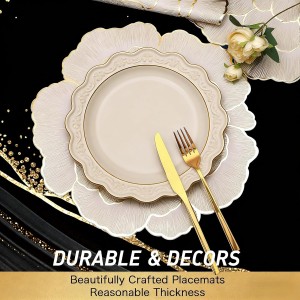 FAVE 6PCS Floral Round Placemats Golden Placemats Vinyl Placemats Set of 6 for Dining Table Reusable Metallic Shiny Gold Placemats for Wedding, Banquet, Birthday, Party, Restaurant （15 x15,Gold）