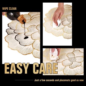FAVE 6PCS Floral Round Placemats Golden Placemats Vinyl Placemats Set of 6 for Dining Table Reusable Metallic Shiny Gold Placemats for Wedding, Banquet, Birthday, Party, Restaurant （15 x15,Gold）