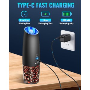 Rechargeable Pepper and Salt Grinder Set, whit Gravity Sensing Switch and LED Light, One Hand Automatic Operation -Black/2 Pack