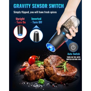 Rechargeable Pepper and Salt Grinder Set, whit Gravity Sensing Switch and LED Light, One Hand Automatic Operation -Black/2 Pack