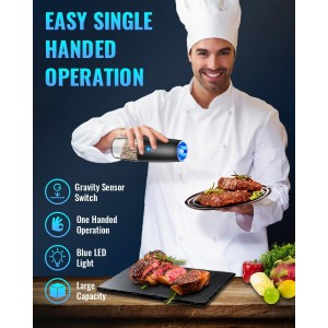 Rechargeable Pepper and Salt Grinder Set, whit Gravity Sensing Switch and LED Light, One Hand Automatic Operation -Black/2 Pack