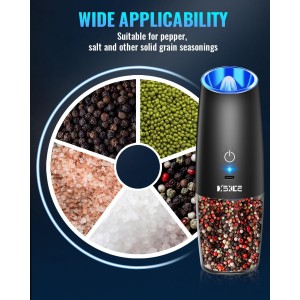 Rechargeable Pepper and Salt Grinder Set, whit Gravity Sensing Switch and LED Light, One Hand Automatic Operation -Black/2 Pack