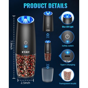 Rechargeable Pepper and Salt Grinder Set, whit Gravity Sensing Switch and LED Light, One Hand Automatic Operation -Black/2 Pack